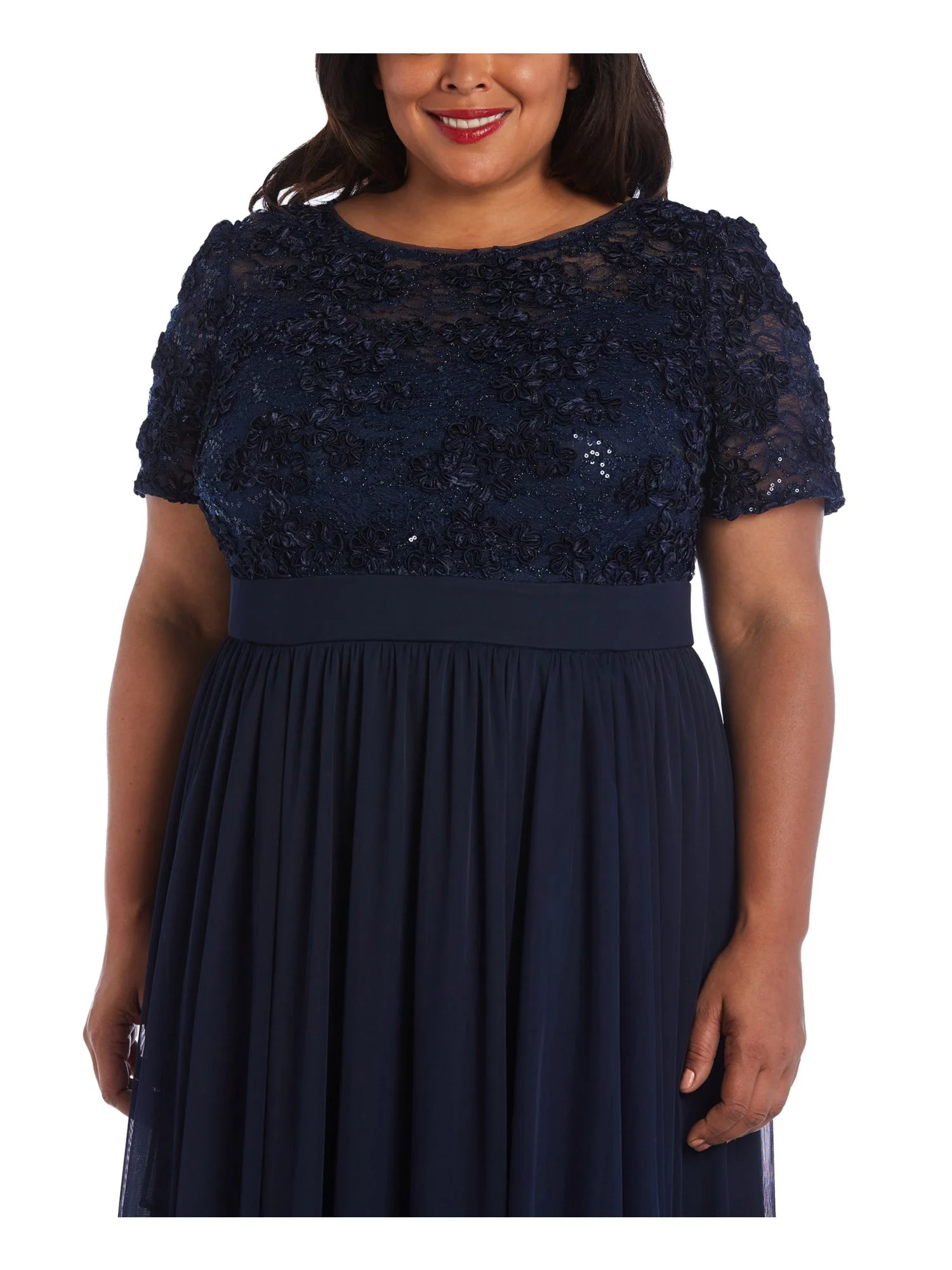 R&M RICHARDS Womens Navy Sequined Lace Short Sleeve Full-Length Evening Layered Dress Plus 20W