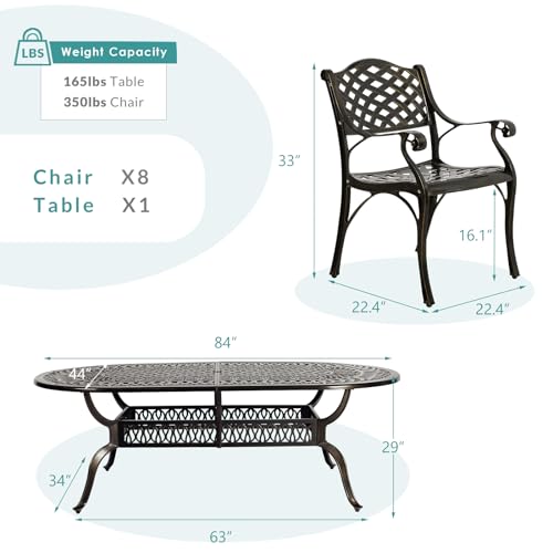 MEETWARM 9-Piece Outdoor Furniture Dining Set, All Weather Cast Aluminum Patio Garden Set with 8 Chairs,1 Oval Table, 2" Umbrella Hole, Dark Bronze