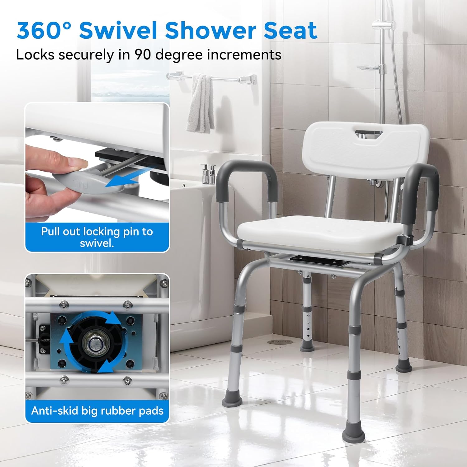 LUNYEE 360° Swivel Shower Chair for Elderly and Disabled Support 400lbs Non-Slip Sliding Shower Chair for Inside Shower with Bath Rug & Back Scrubber Bath Chairs for Seniors Tub with Arms and Back