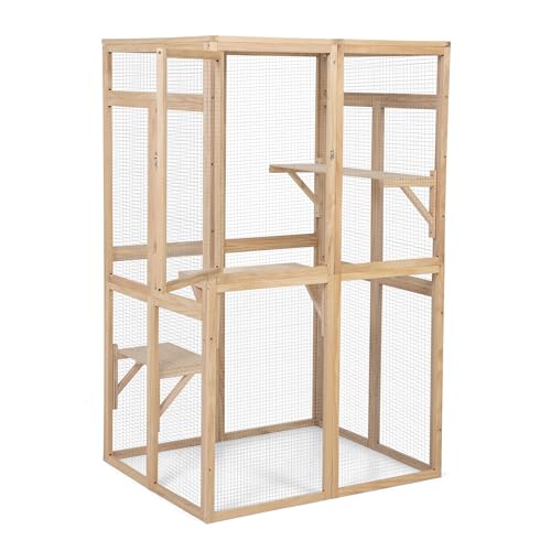 ISDAY Extra Large Outdoor Cat House Wooden Cat Cage Waterproof Roof Catio Outdoor Cat Enclosure - Cat Play & Run Enclosures Cat Playpen Window Cats Crate with 7 Platform and 2 Resting Box (Orange)