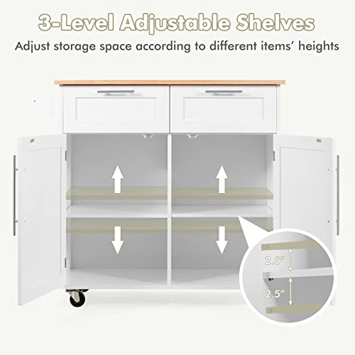 Topment Rolling Kitchen Island Cart Storage Trolley Multipurpose Serving Cart with Storage,Lockable Wheels,Towel Rack and Rubber Wood Top(White)