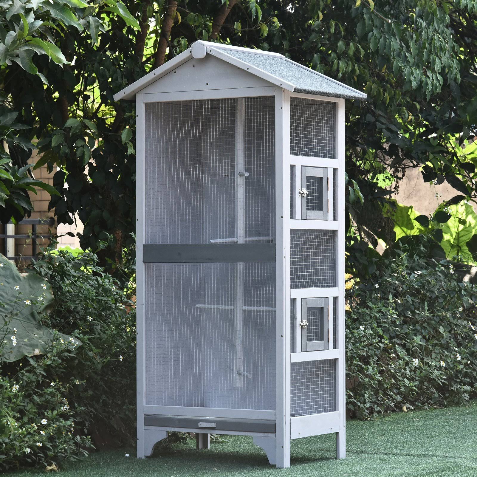 Pawhut Outdoor Wooden Aviary Bird Cage Large Play House w/ Removable Bottom Tray - Grey