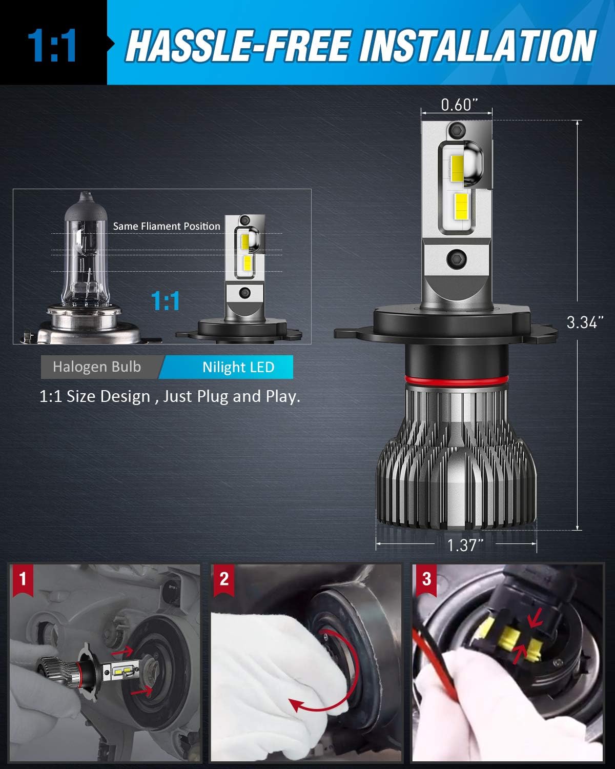 Nilight H4 LED Headlight Bulbs, H4/Hb2/9003 Hi/Lo Beam LED Headlight Bulb 6500k H4 LED Bulb Cool White IP67 Pack of 2