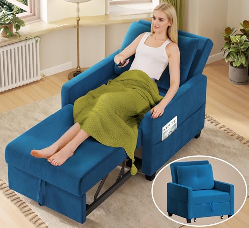 Sleeper Sofa Chair, 3 in 1 Convertible Sleeper Chair with Adjustable Backrest, 32" Pull Out Couch Bed 400lbs Support, Comfy Velvet Small Sofa Bed for Small Space with Pillow & 2 Pockets, Blue