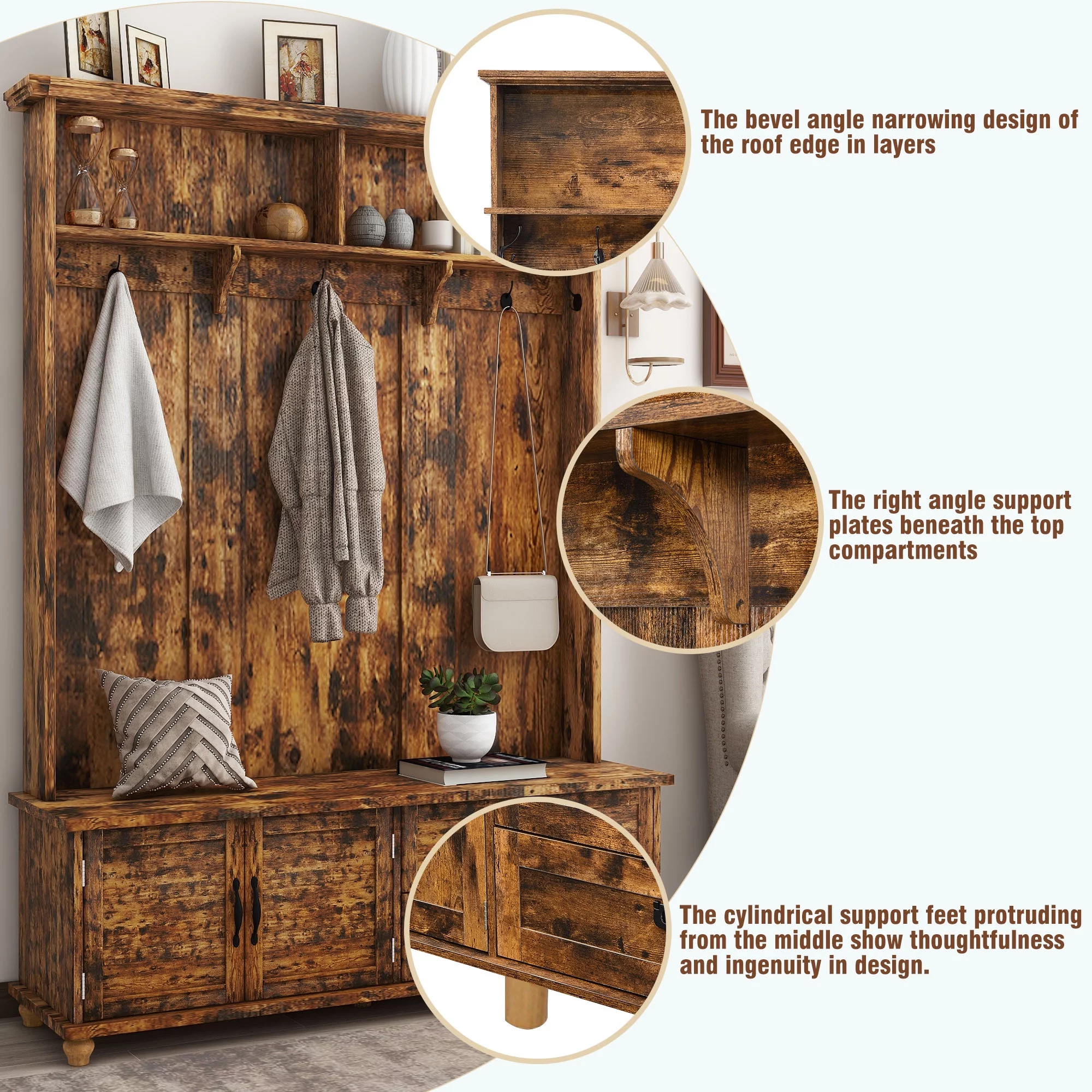 Modern Style Hall Tree with Storage Cabinet and 2 Large Drawers, Widen Mudroom Bench with 5 Coat Hooks, Rustic Brown
