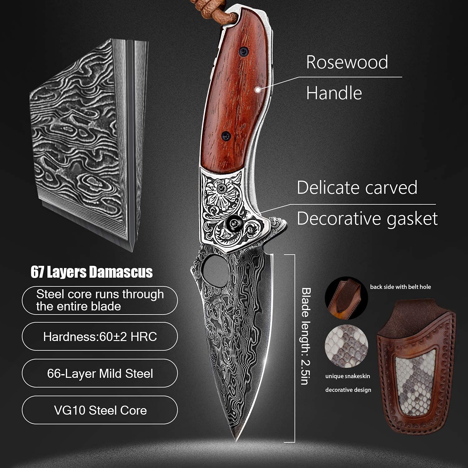 SPIRIT DEED EDC Pocket Knife for Men,2.5in Japanese Handmade VG10 Damascus Steel,Rosewood Handle,Liner Lock,Leather Sheath,Folding Knives for Camping and Hunting (Rosewood, 2.8)