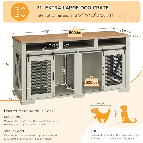 71" Dog Crate Furniture for 2 Dogs, Dog Kennel with 3 Storage Drawers & Removable Divider, Extra Large Double Dog Cage As TV Stand, Furniture Style Dog Crates with Sliding Barn Door