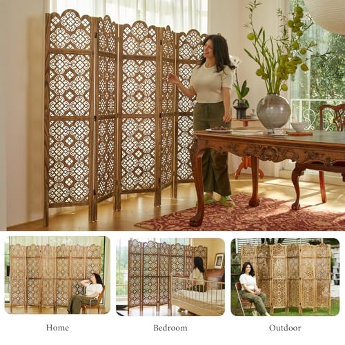 5.75Ft Room Divider Wood Carved Wall Divider Indoor Folding Portable Partition Screen for Home Office Garden Terrace - 4 Panel (Antique Brown)