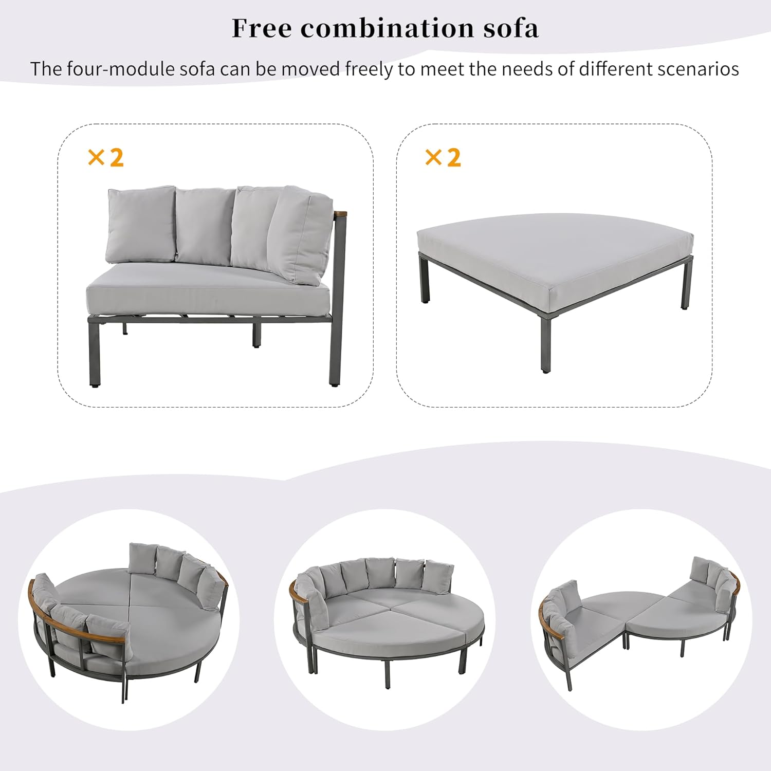 ROOMTEC Lounge Sofa Bed, U-style Sleeper Sofa Convertible Futon Couch for Outdoor Backyard,Living Room,Bedroom(Grey)