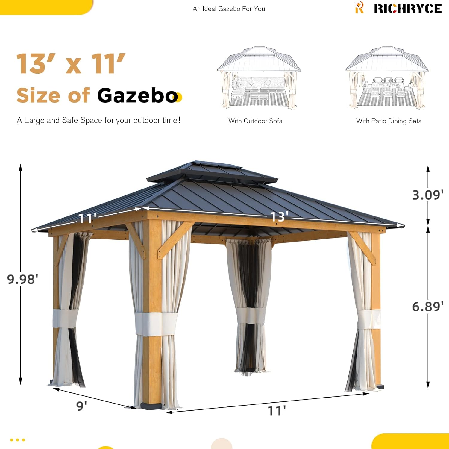 11' x 13' Solid Wood Gazebo, Hardtop Gazebo Plastic Sprayed Metal Roof Outdoor Gazebo Canopy Double Vented Roof Pergolas Wood Frame with Netting and Curtains for Garden, Patio, Lawns, Parties