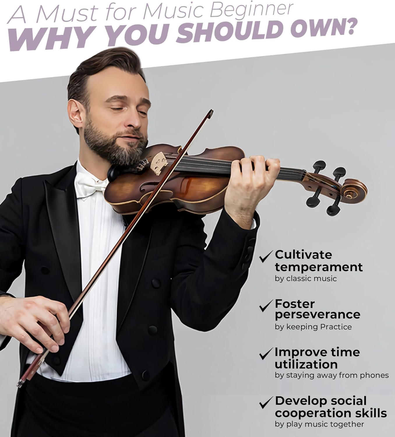 Vangoa Solid Wood Violin 4/4 Full Size Set Fiddle Handmade Varnish, Handcrafted Hardwood Starter Acoustic Violins Kit with Lightweight Hard Case for Beginners, Students, Teens, Adults, Right Handed