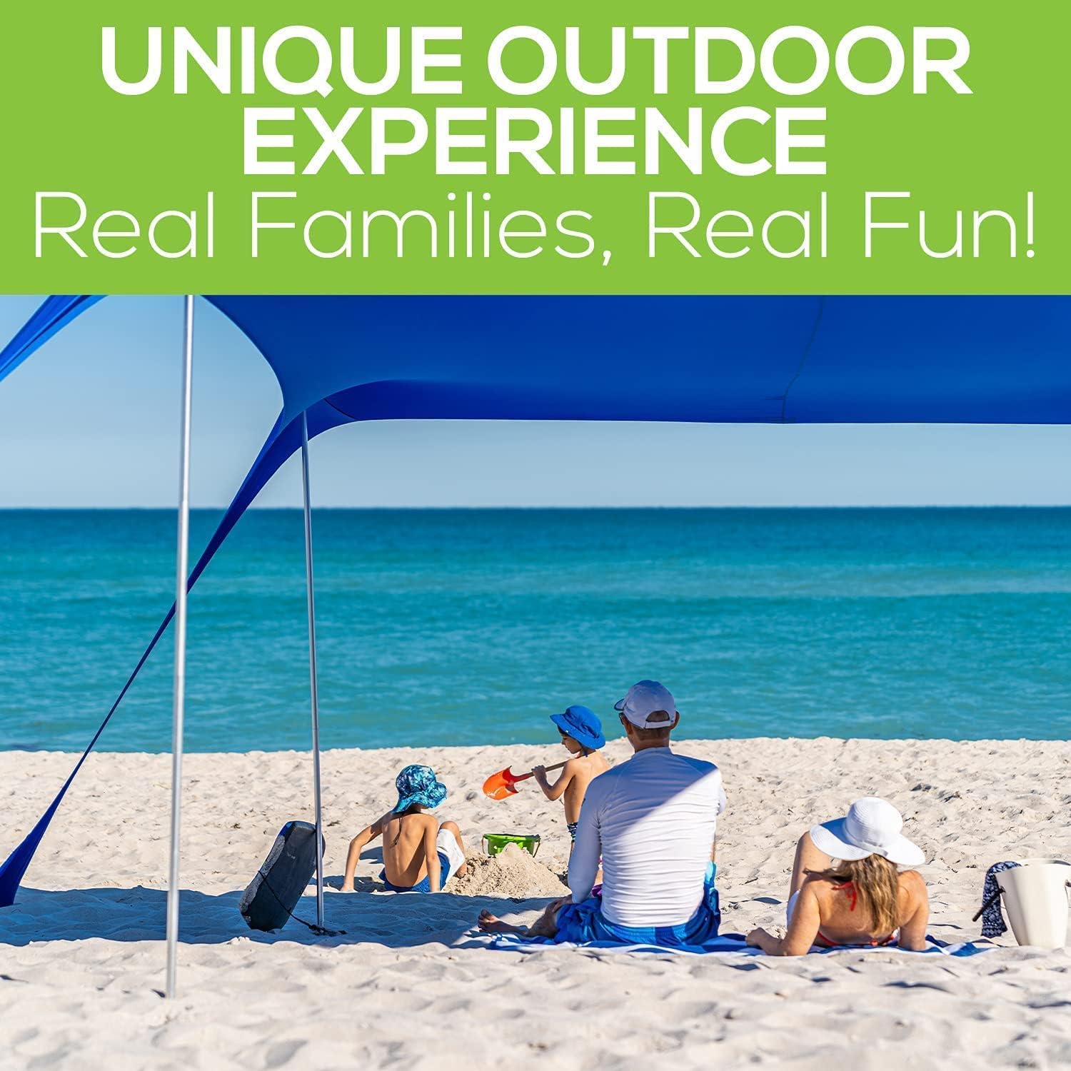 KAZZARY Beach Tent Pop Up Canopy Sun Shelter UPF50+ Lightweight Outdoor Shade with Frisbee Shovel, Ground Pegs and Stability Poles, Portable Set For Family Fun Trips (7.2 X 8.2 FT 4 Pole, Bright Blue)