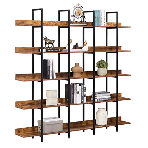 5-Shelf Bookcase, Large Open Bookshelf Modern Industrial Style, Open Display Shelves with Metal Frame for Living Room, Black