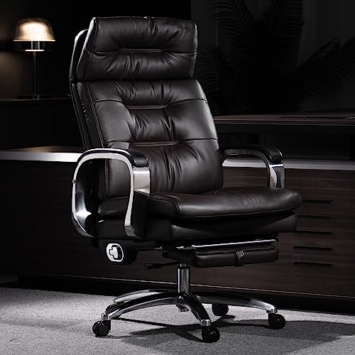Kinnls Vane Office Chair with Footrest,Ergonomic Management Executive Fully Reclining Office Chair Double Thickened Upholstered Genuine Leather Home Desk Chairs (Without Massage-Coffee)