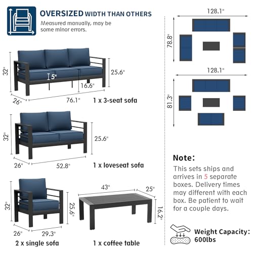 UDPATIO 8 Piece Aluminum Patio Furniture Set, Oversized Modern Outdoor Furniture Set with Olefin Fabric Cushion for Patio Deck Backyard, Dark Grey(with Waterproof Covers)