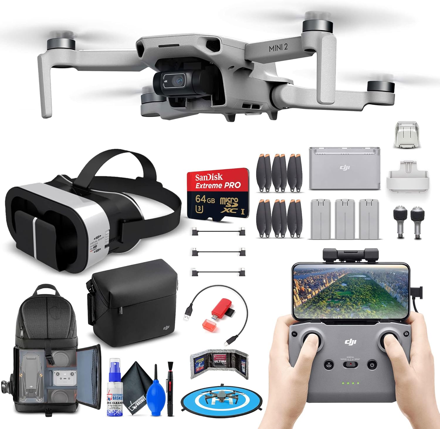 DJI Mini 2 Fly More Combo - Drone Quadcopter, Ultralight & Foldable 3-Axis Gimbal with 4K Camera, 12MP Photos with 64GB SD Card + Backpack + Landing Pad + VR Goggles + More (CP.MA.00000306.01)