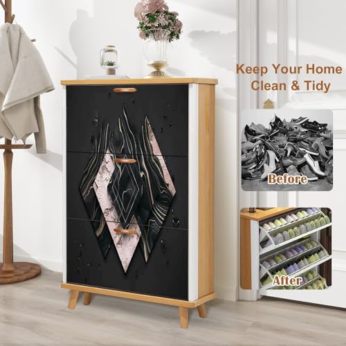 Shoe Cabinet with 3 Flip Drawers Pastel colors Luxury art Eastern style Golden swirl artistic Wooden Shoe Storage Cabinet Boho Freestanding Hidden Shoe Rack Slim Shoe Organizer for Entryway