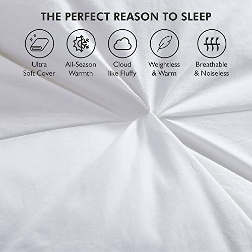 Luxurious Goose Down Feather Fiber Comforter Queen Size All-Season Duvet Insert, Premium Baffle Box, 100% Egyptian Cotton Cover, 65 oz Fluffy Fill Weight - White Pinch Pleat