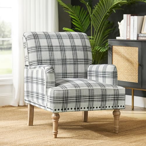 HULALA HOME Modern Accent Chair with Retro Wooden Legs & Nailhead Trim, Comfy Upholstered Armchair Single Sofa for Living Room Bedroom (Plaid, Grey)