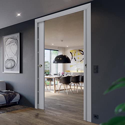SARTODOORS Sliding French Double Pocket Doors 48 x 80 inches | Veregio 7602 Matte Grey with Frosted Glass | Kit Trims Rail Hardware | Solid Wood Interior Bedroom Sturdy Doors