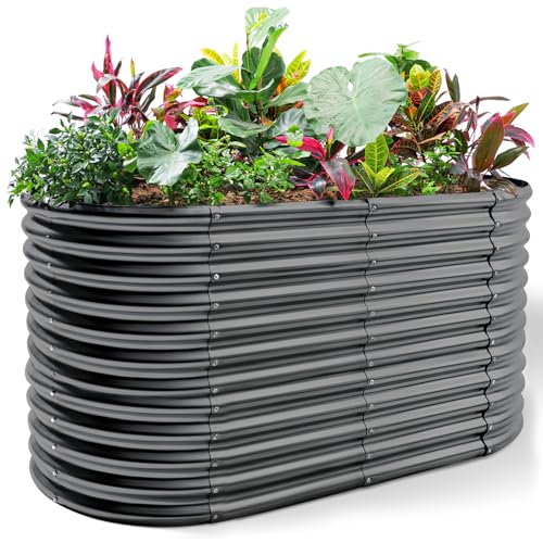 Land Guard 8x4x3ft Oval Galvanized Raised Garden Beds, Large-Capacity Metal Planter Box Outdoor, Durable Deep Raised Garden Bed 3ft Tall, Raised Beds for Gardening Vegetables, Cream Yellow