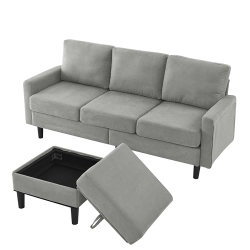 P PURLOVE Upholstered Sectional Sofa, 3 Seat Sofa with Storage Reversible Ottoman, Fabric L Shaped Couch for Living Room, Bedroom, Small Spaces, Apartment (Navy Blue)