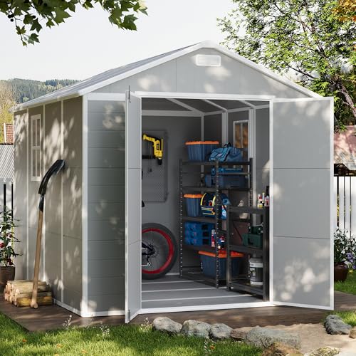 UDPATIO Outdoor Storage Shed 6 x 6 FT, Resin Garden Sheds with Floor Plastic Patio Outdoor Storage Shed with Lockable Door for Tool, Bike, Garbage Gray White