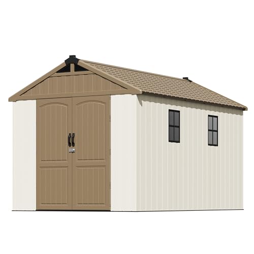 Patiowell 8 x 12 FT Plastic Outdoor Storage Shed with Floor, Resin Shed with Window and Lockable Door for Garden, Backyard, Tool Storage Use, Easy to Install in Beige (Kick-it Shed)