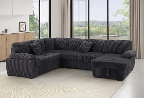 Oversized U-Shaped Sectional Sofa Couch Plush Corduroy Upholstered Modular Deep Seat Sofa&Couch Sectional W/Right Facing Chaise Lounge and 7 Toss Pillows for Home Apartment Living Room Furniture Sets