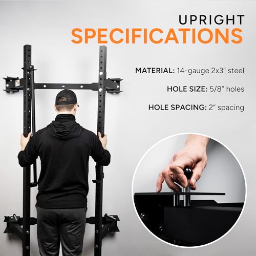 PRx Performance Wall Mounted Folding Power Squat Rack - Heavy Duty Adjustable Pull Up Bar, Space Saving Home Gym Equipment with Durable J-Cups, Ideal for Weight Lifting and Strength Training - Black