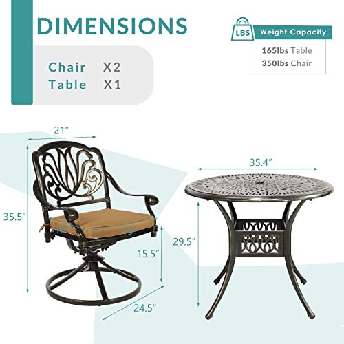 MEETWARM 3-Piece Outdoor Patio Dining Set, All-Weather Cast Aluminum Patio Conversation Set for Backyard Garden Deck with 2 Cushions Swivel Rocker Chairs and 31" Round Table, 2.2" Umbrella Hole