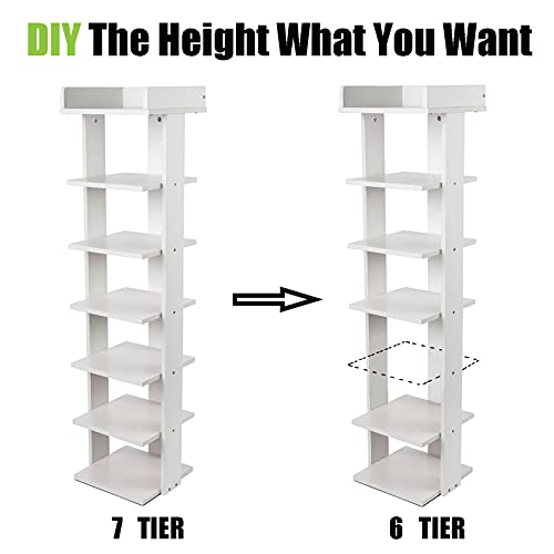 Wooden Shoe Rack, 7-Tier Small Shoe Rack for Entryway, Narrow Shoe Organizer Stand with Extra Top Storage, Multi-Function Storage Shelf for Bedroom Hallway and Closet, Space Saving (White)