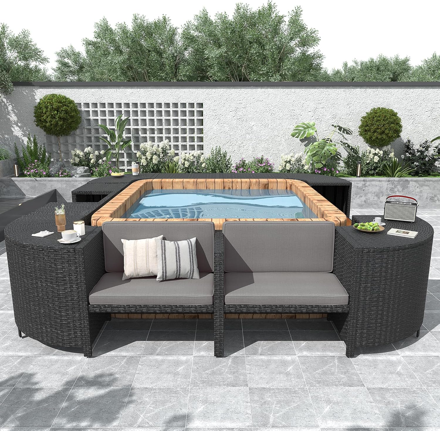 Quadrilateral Outdoor Rattan Sectional Sofa Mini Couch, Patio Conversation Sets with Wooden Seats and Storage Spaces, Spa Surround Frame for Gardern, Poolside, Gray