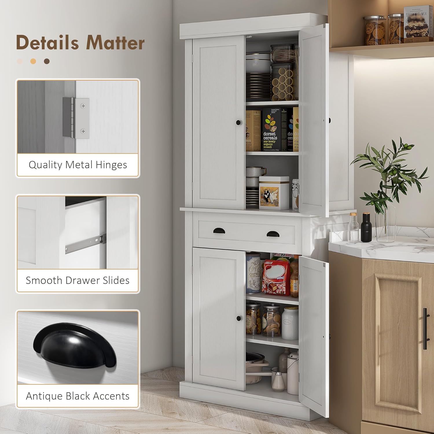 72.5" Height Kitchen Pantry Cabinet, Farmhouse Freestanding Storage Cupboard with 4 Doors, One Drawer, 3 Adjustable Shelves, Hutch Bar Cabinet for Dining Room, Bathroom, Kitchen