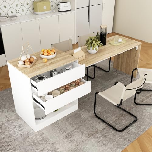 ECACAD 80.7" Kitchen Island with Storage, Wood Kitchen Prep Table White Stationery Storage Cabinet with 3 Drawers, Open Shelves & 2 Cabinets for Dining Room