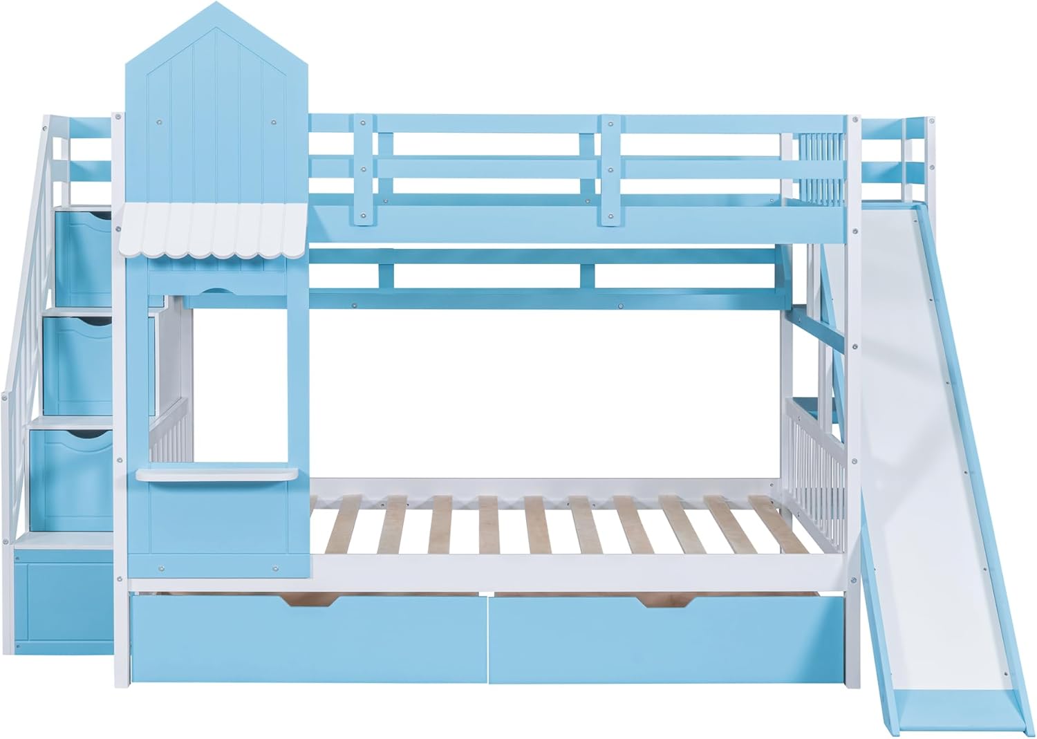 Harper & Bright Designs Full Over Full Bunk Bed with Stairs and Slide, Solid Wood Bunk Bed Frame with Storage Drawers and Bookshelf, for Kids Teens Girls Boys (Blue)