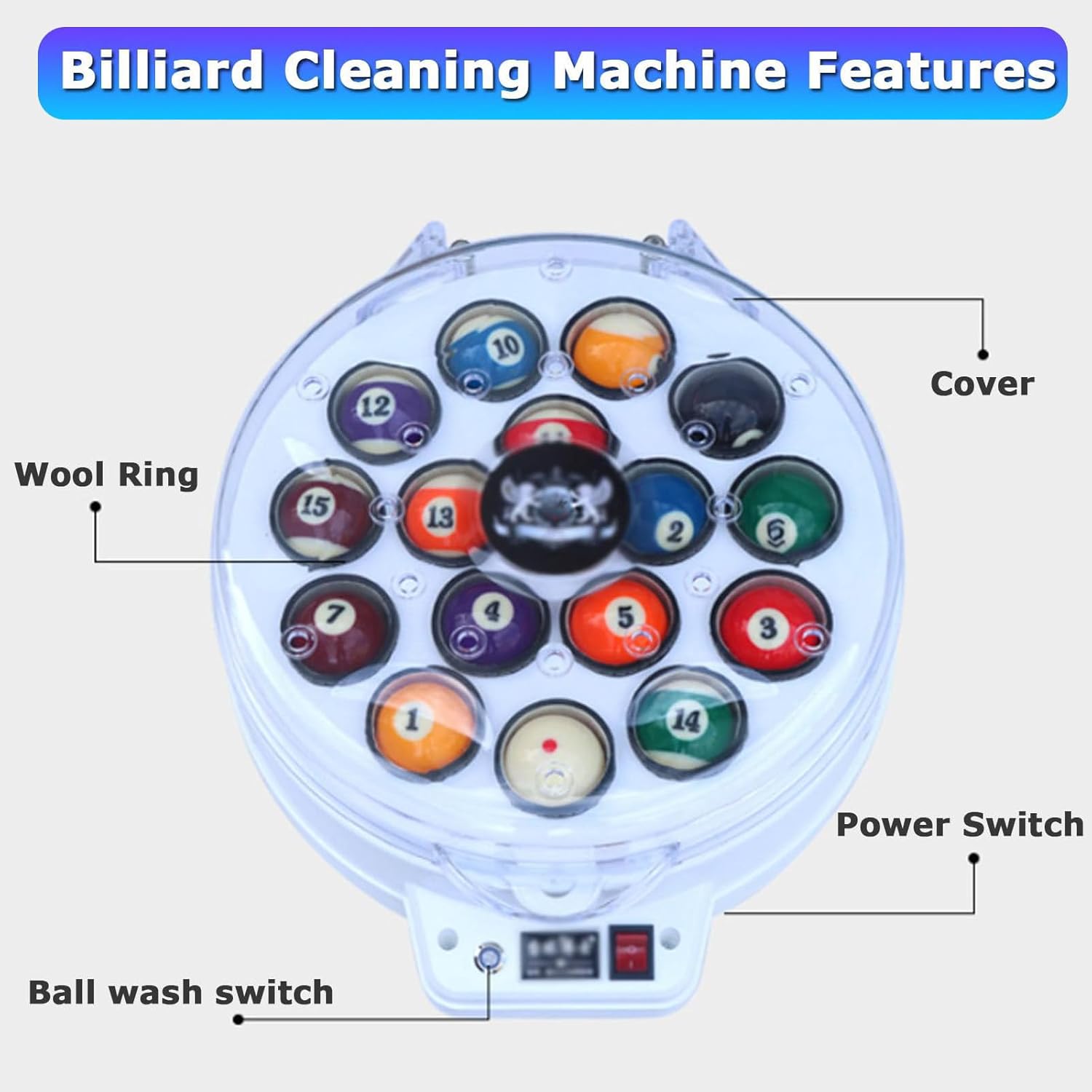 Pool Ball Polisher, Billiard Ball Cleaning Machine, 2 in 1 Cleaning Machine, Pool Ball Cleaner 16/22 Billiard Balls Automatic Cleaning Machine