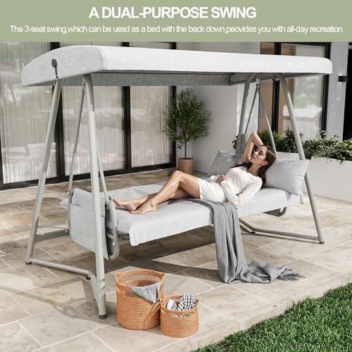 3-4 Person Oversized Outdoor Porch Swing with Adjustable Backrest Canopy,2-in-1 Swing Bed 800 lbs Capacity,Patio Swing with Removable Cushions for Yard Garden Poolside Balcony
