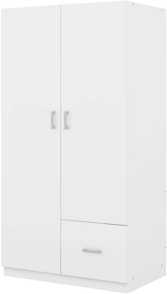 Wooden Wardrobe with Double Doors, 2 Door Wood Wardrobe with 5 Fixed Shelves, One Storage Drawer, Modern Armoire Wardrobe Closet with Hanging Rod (White)