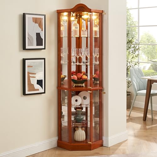 Lighted Wooden Corner Display Curio Cabinet, Curved Shelving Unit Lighted Corner Display with Adjustable Shelves＆Mirrored Back Panel, Tempered Glass Doors for Bedroom, Living Room (Oak)