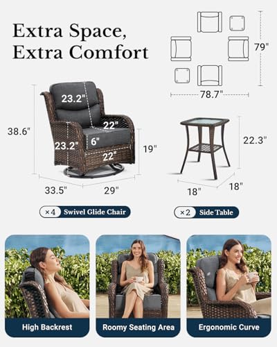 Luxury Patio Furniture Set with 6-inch Thick Cushion, Outdoor Couch and High Back Swivel Rocker Patio Chairs, 7PCS Wicker Conversation Set for Deck, Yard, and Poolside in Blue (V2)