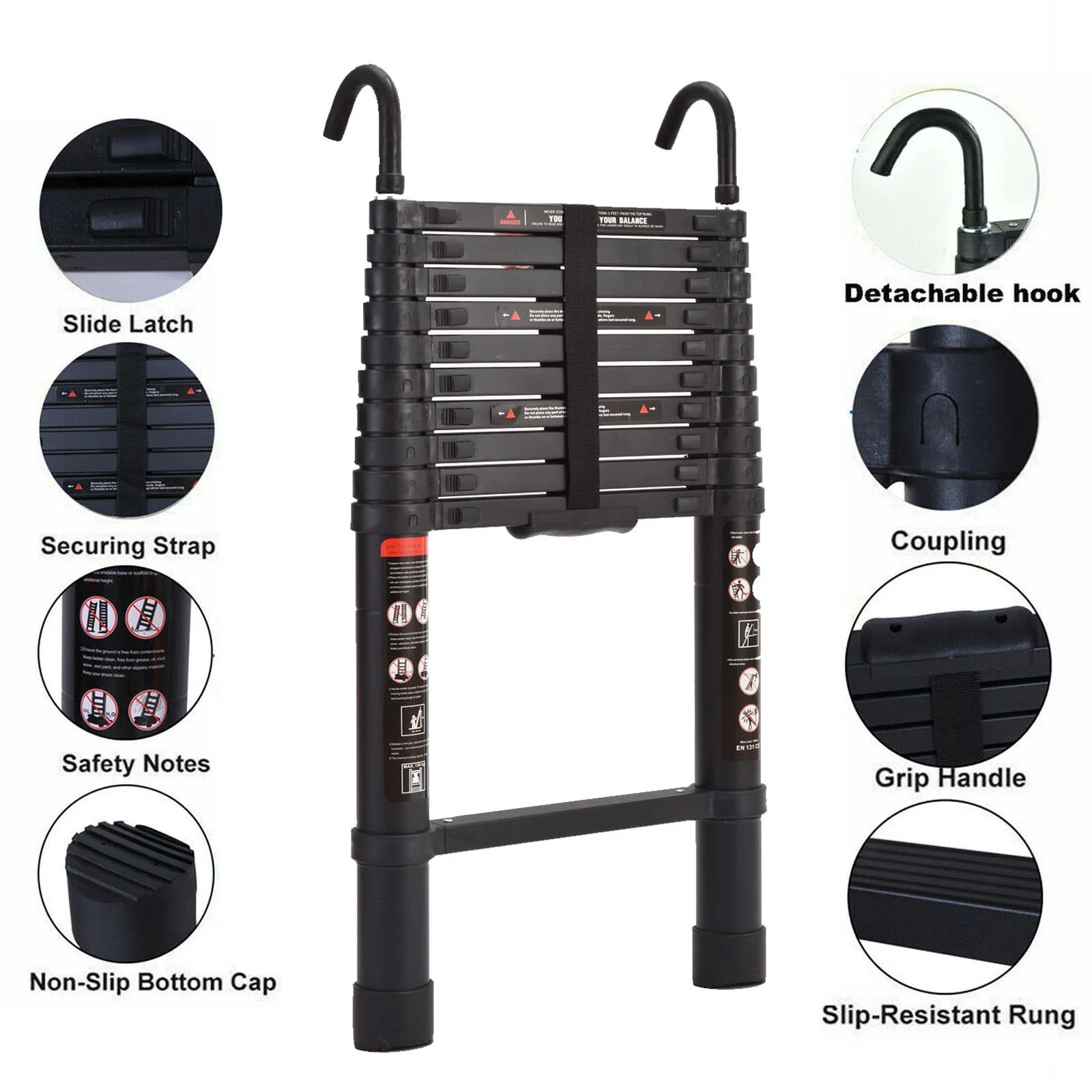 10.5ft Aluminum Extension Ladder Adjustable Height with Detachable Hooks Folding Telescoping Ladder 330LB Max Load Capacity EN131 with Anti-Slip Rubber Feet, Portable Home Office RV Ladder