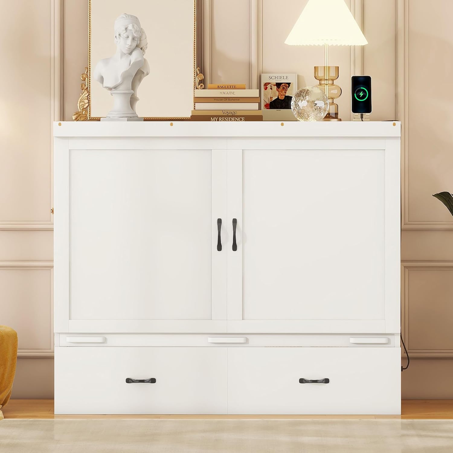 Full Size Murphy Bed Cabinet with Storage Drawer and USB Port, Wood Foldable Bedframe WallBed for Bedroom Apartment Small Spaces, White