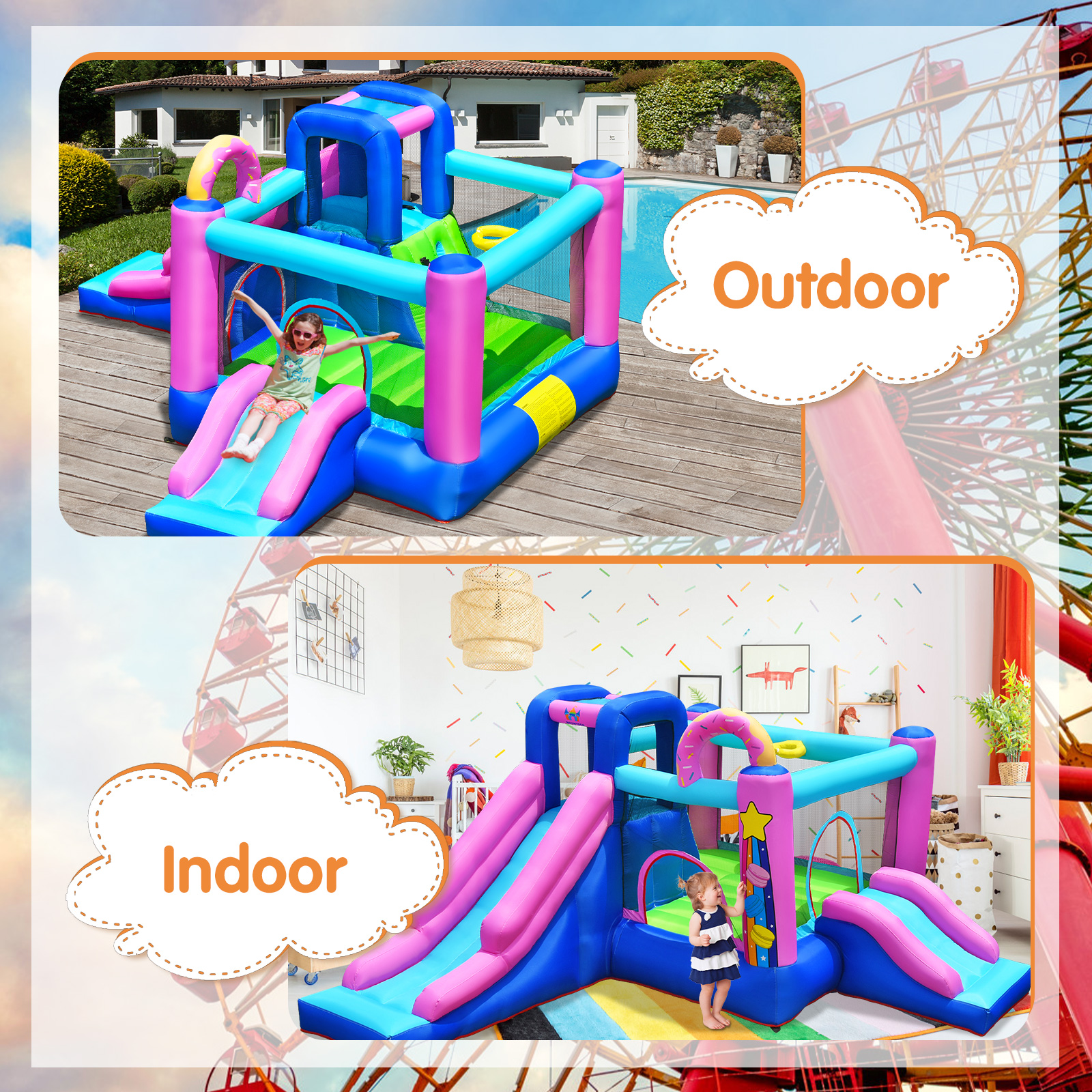 Infans Bountech Inflatable Bounce Castle Dual Slides Jumping Bouncer w/ 480W Air Blower