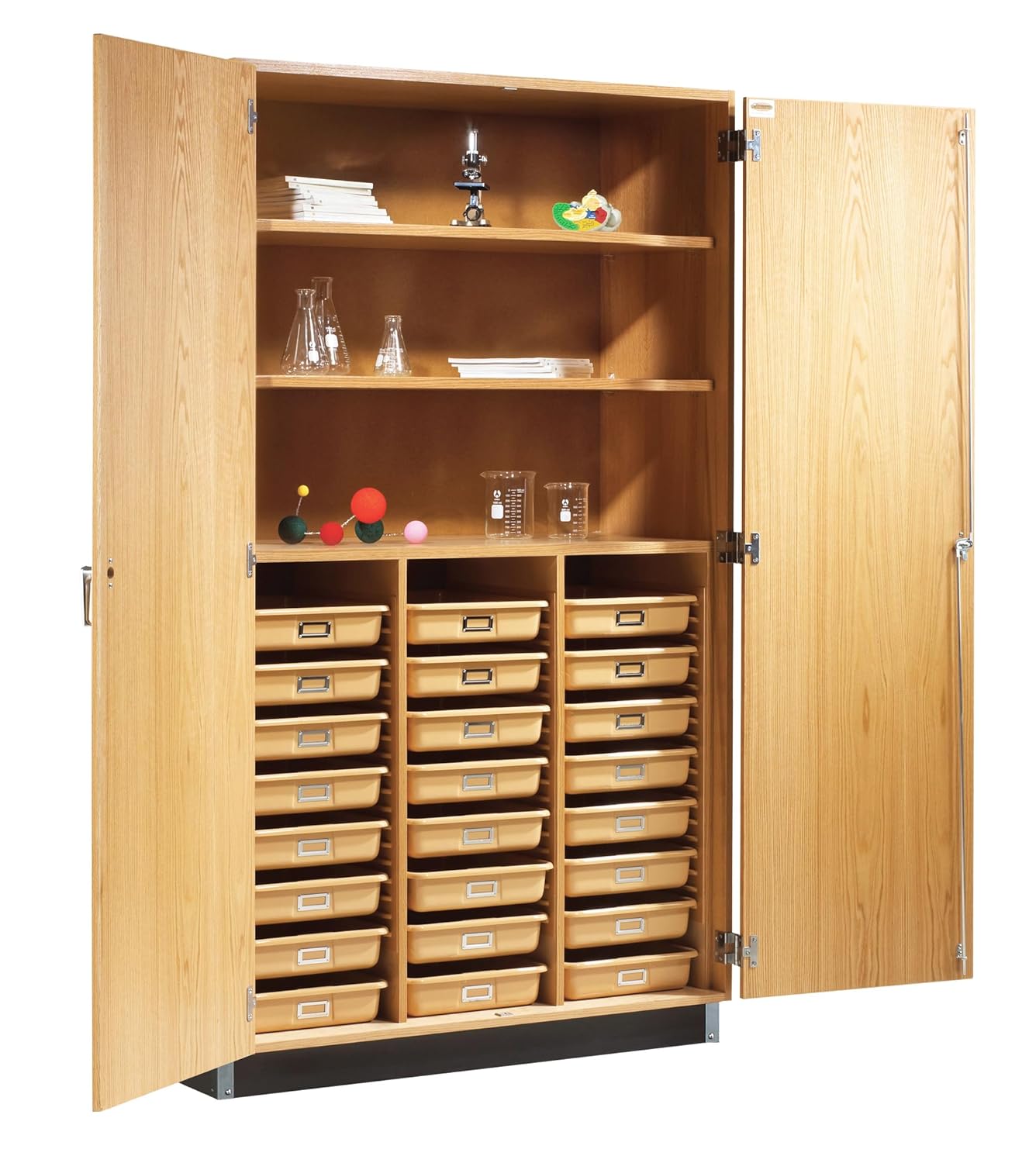 Diversified Spaces School Classroom Tall Tote Tray & Shelf Storage Cabinet, 48" W x 22" D x 84" H, 24 Trays, Oak Construction, Locking Double Doors, Chemical Resistant Finish, Made in USA