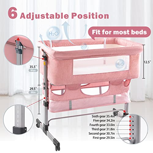 Ihoming Baby Bassinet Bedside Sleeper, Baby Bed Side Crib with Storage Basket, Easy Folding Bassinets, Adjustable Baby Bed for Infant Newborn, Pink