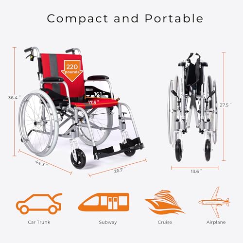 Magnesium Lightweight Wheelchair - 21lbs Self propelled Chair with Travel Bag and Cushion, Portable and Folding 17.5” W Seat, Park & Brake Anti Tipper, Swing Away Footrests, Ultra Light, Red