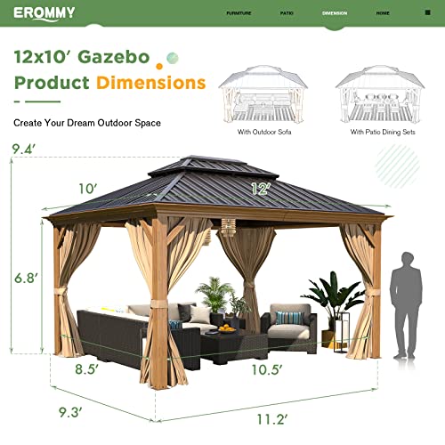 EROMMY 14'x20' Hardtop Gazebo Double Roof Galvanized Steel Canopy Outdoor Aluminum Frame Permanent Metal Pavilion with Netting and Curtains for Patio Backyard Deck and Lawns