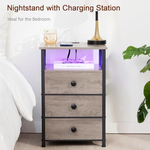 AMHANCIBLE Night Stand Set 2, LED Nightstand with Charging Station, End Side Tables with USB Port & Outlet, Bedside Table with Fabric Drawers for Bedroom Living Room, Dark Grey, HET053LDG