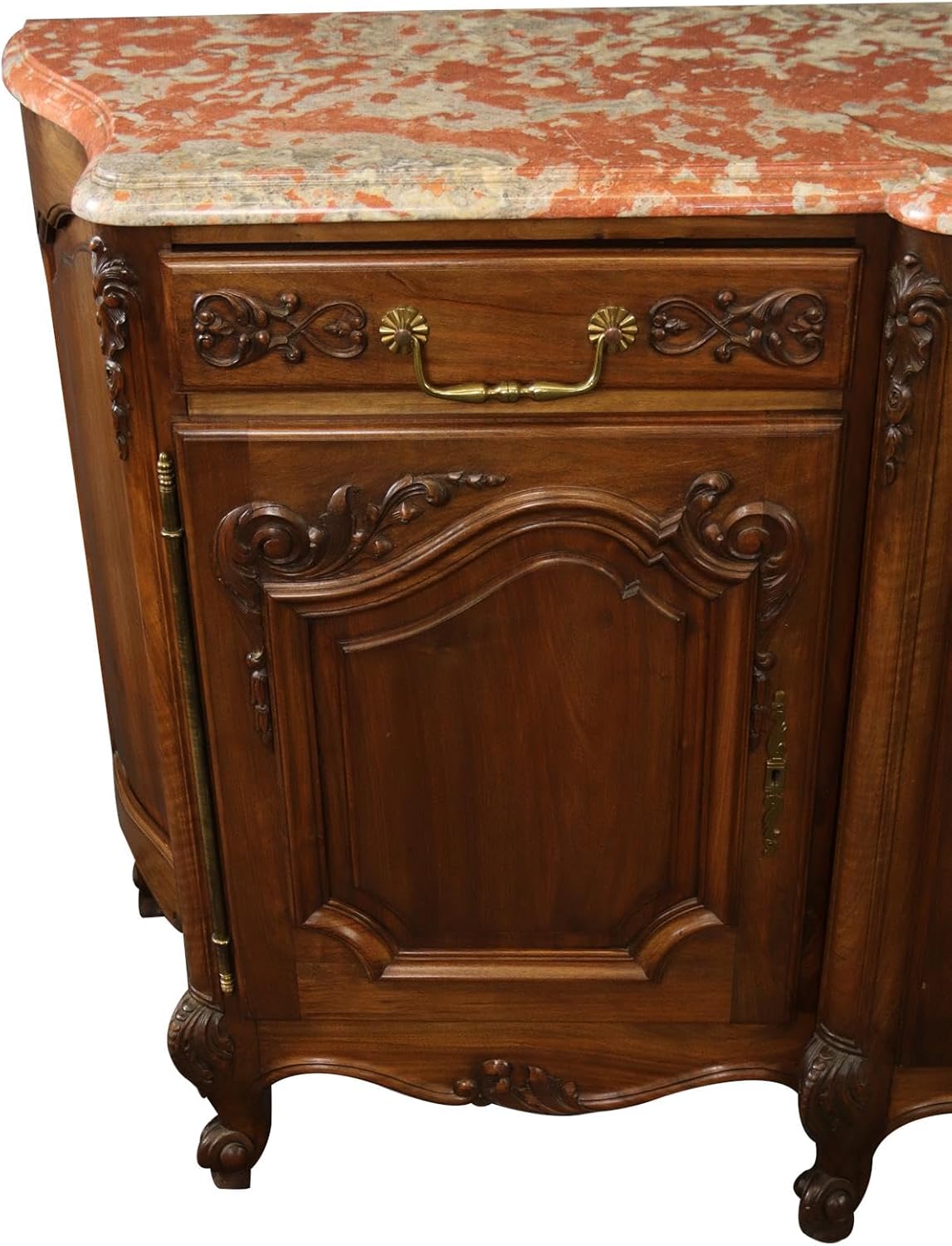 Sideboard Louis XV French Rococo 1920 Carved Walnut Shell, Red Pink Marble Top